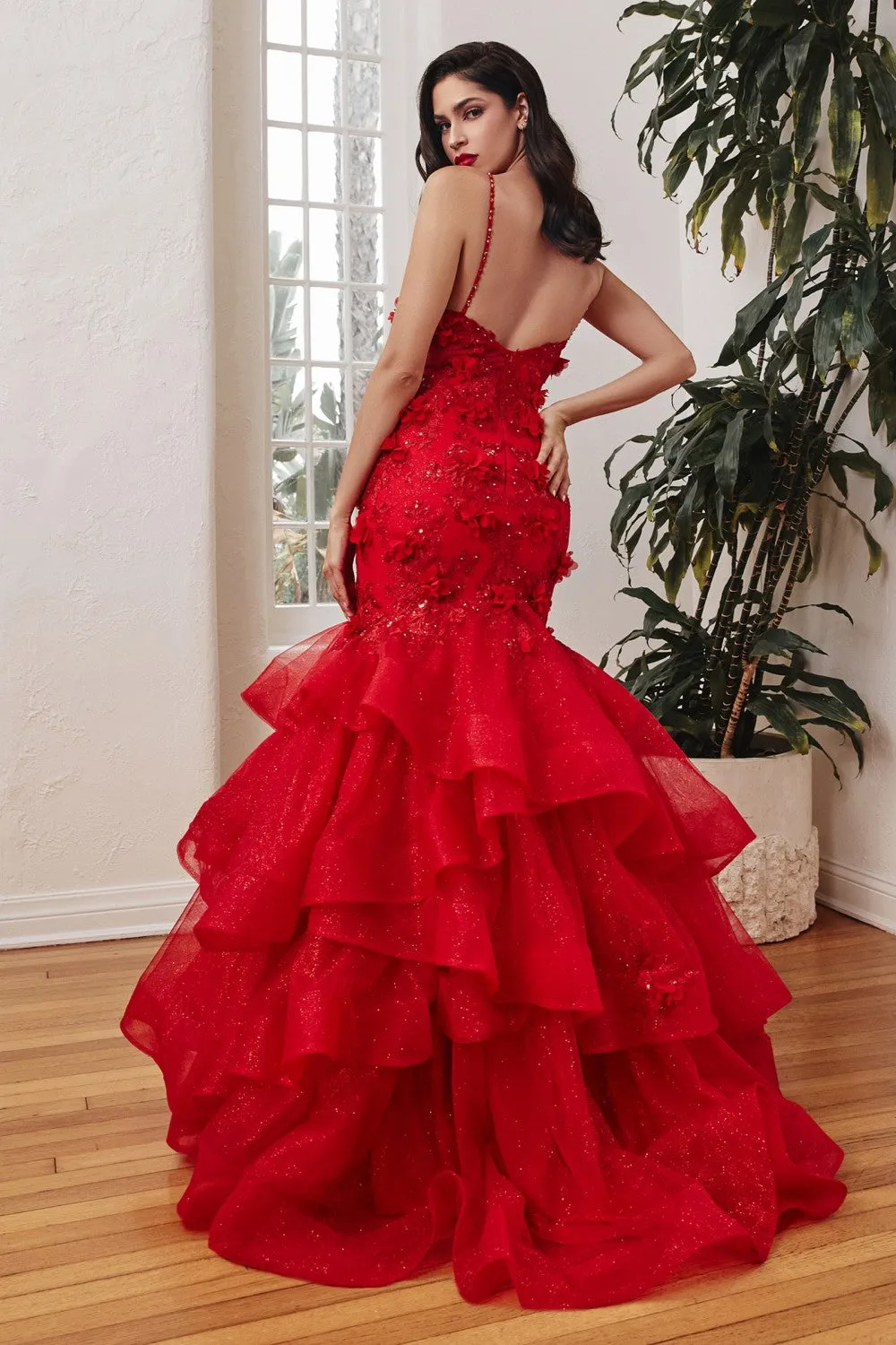 CD CM329 - Shimmer Tulle Mermaid Prom Gown with Tiered Skirt 3D Floral Applique & Beaded Straps