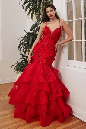 CD CM329 - Shimmer Tulle Mermaid Prom Gown with Tiered Skirt 3D Floral Applique & Beaded Straps