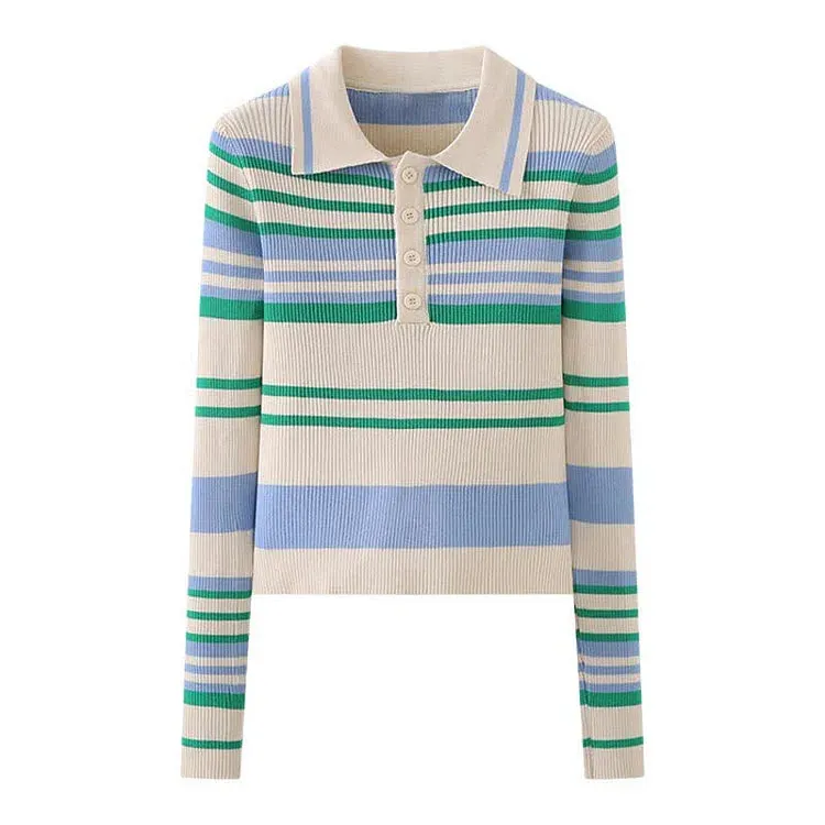 Chic Collar Striped Print Colorblock Lapel Knit Shirt