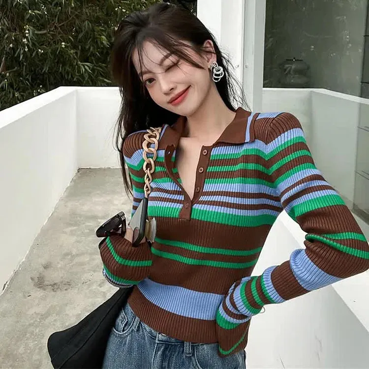 Chic Collar Striped Print Colorblock Lapel Knit Shirt