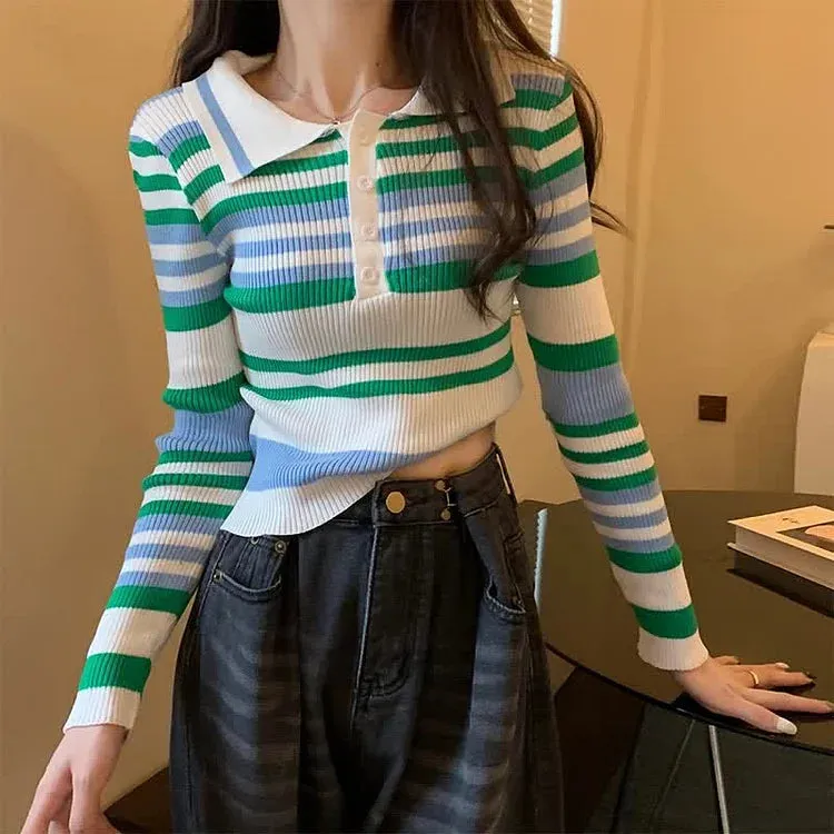 Chic Collar Striped Print Colorblock Lapel Knit Shirt