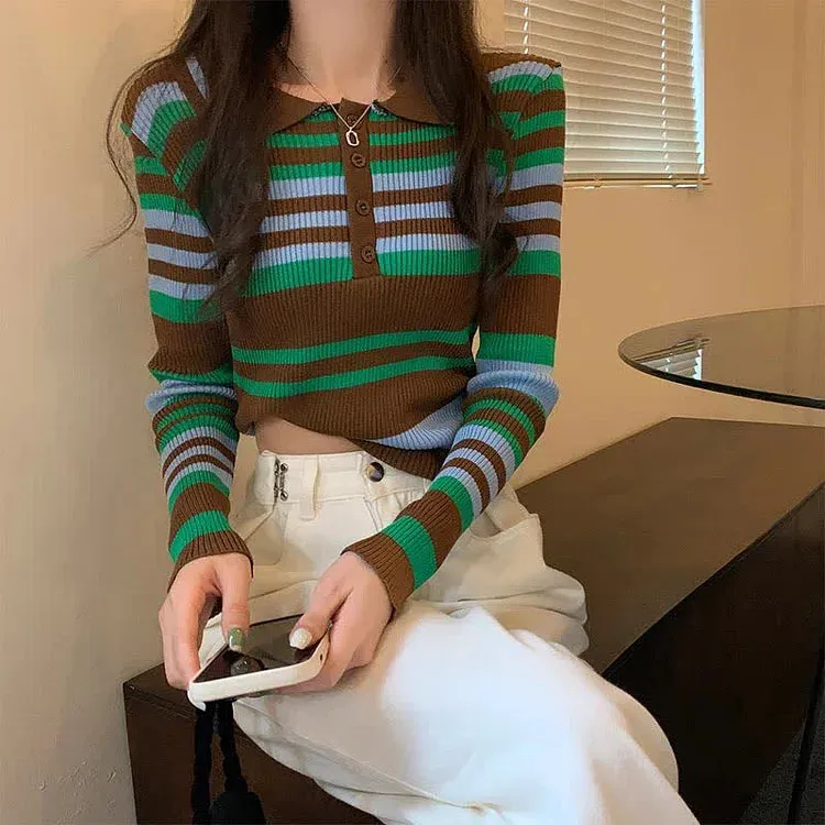 Chic Collar Striped Print Colorblock Lapel Knit Shirt