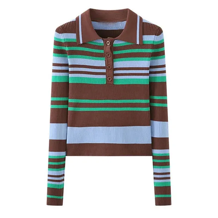 Chic Collar Striped Print Colorblock Lapel Knit Shirt