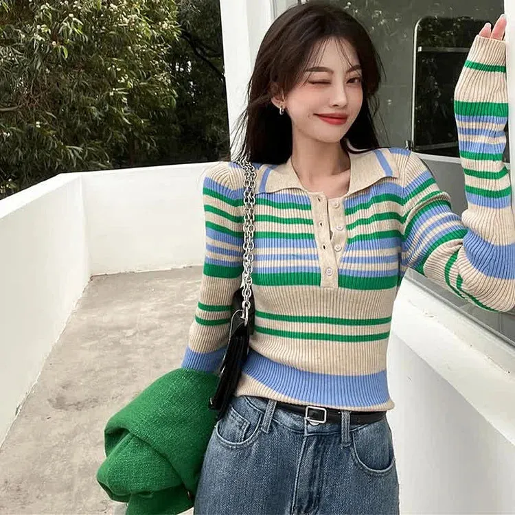Chic Collar Striped Print Colorblock Lapel Knit Shirt