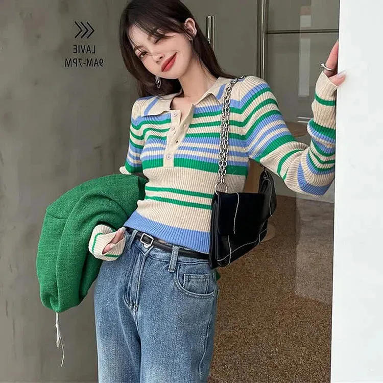 Chic Collar Striped Print Colorblock Lapel Knit Shirt