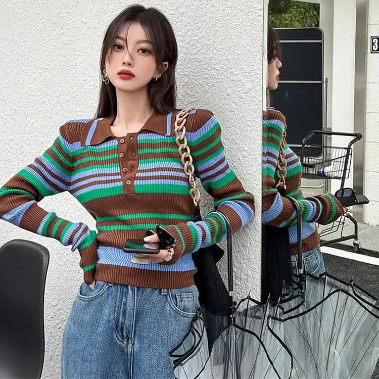 Chic Collar Striped Print Colorblock Lapel Knit Shirt