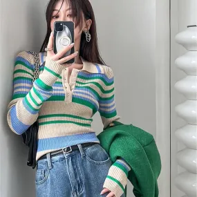 Chic Collar Striped Print Colorblock Lapel Knit Shirt