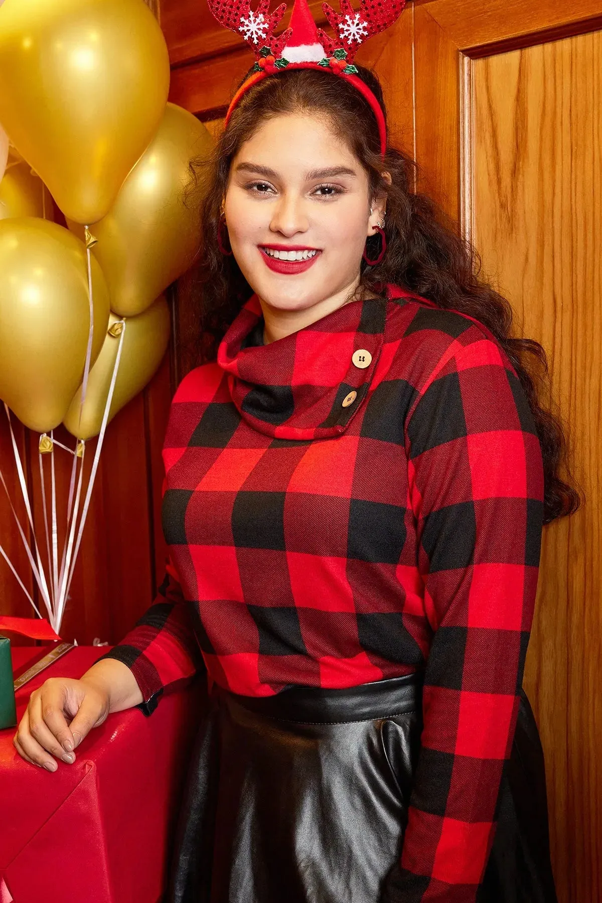 Christmas Buffalo Plaid Button Decor T-shirt