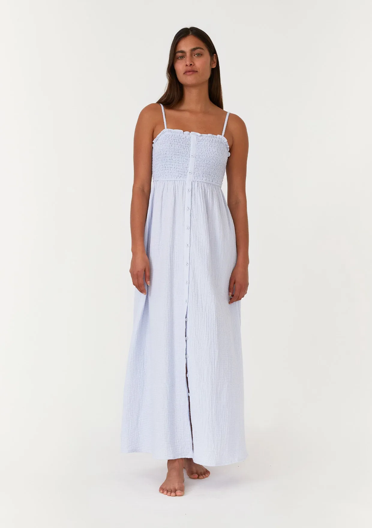 Cotton Button Front Smocked Sleeveless Maxi Dress