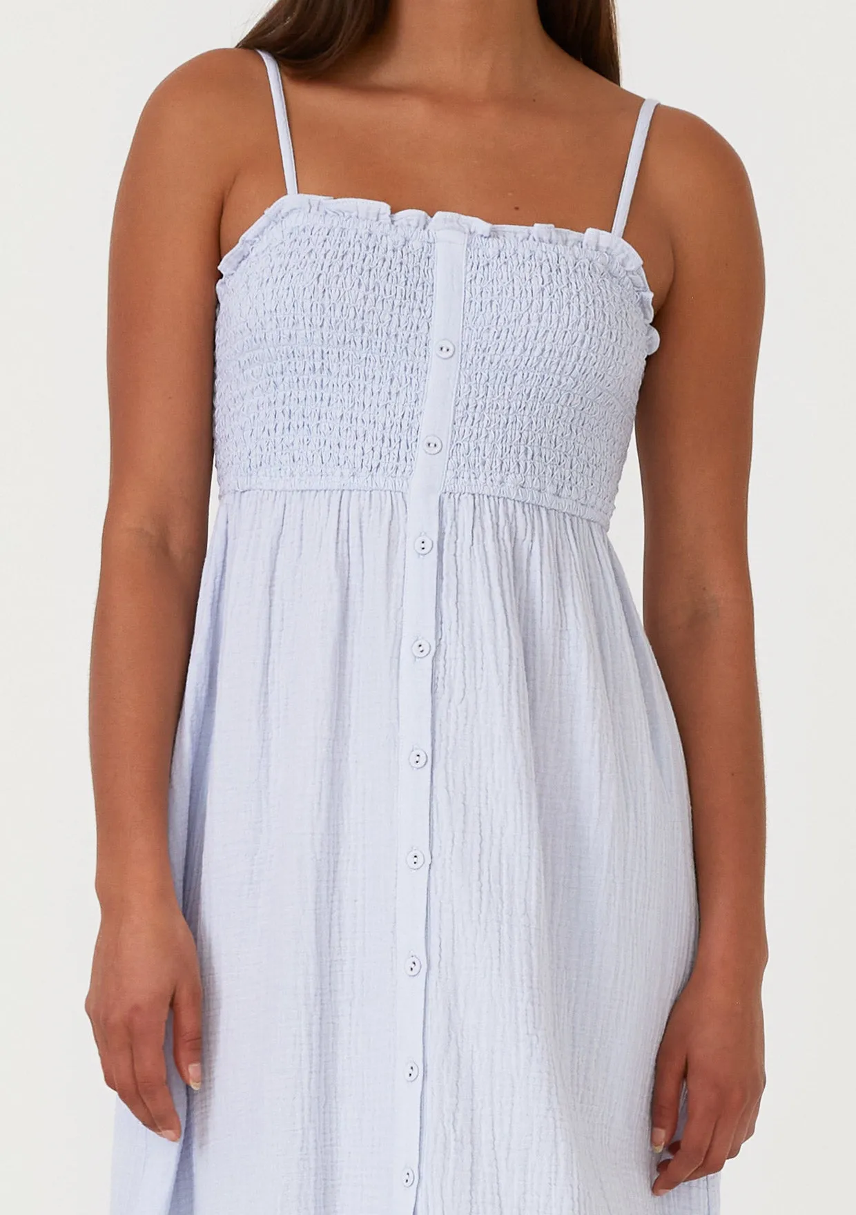 Cotton Button Front Smocked Sleeveless Maxi Dress