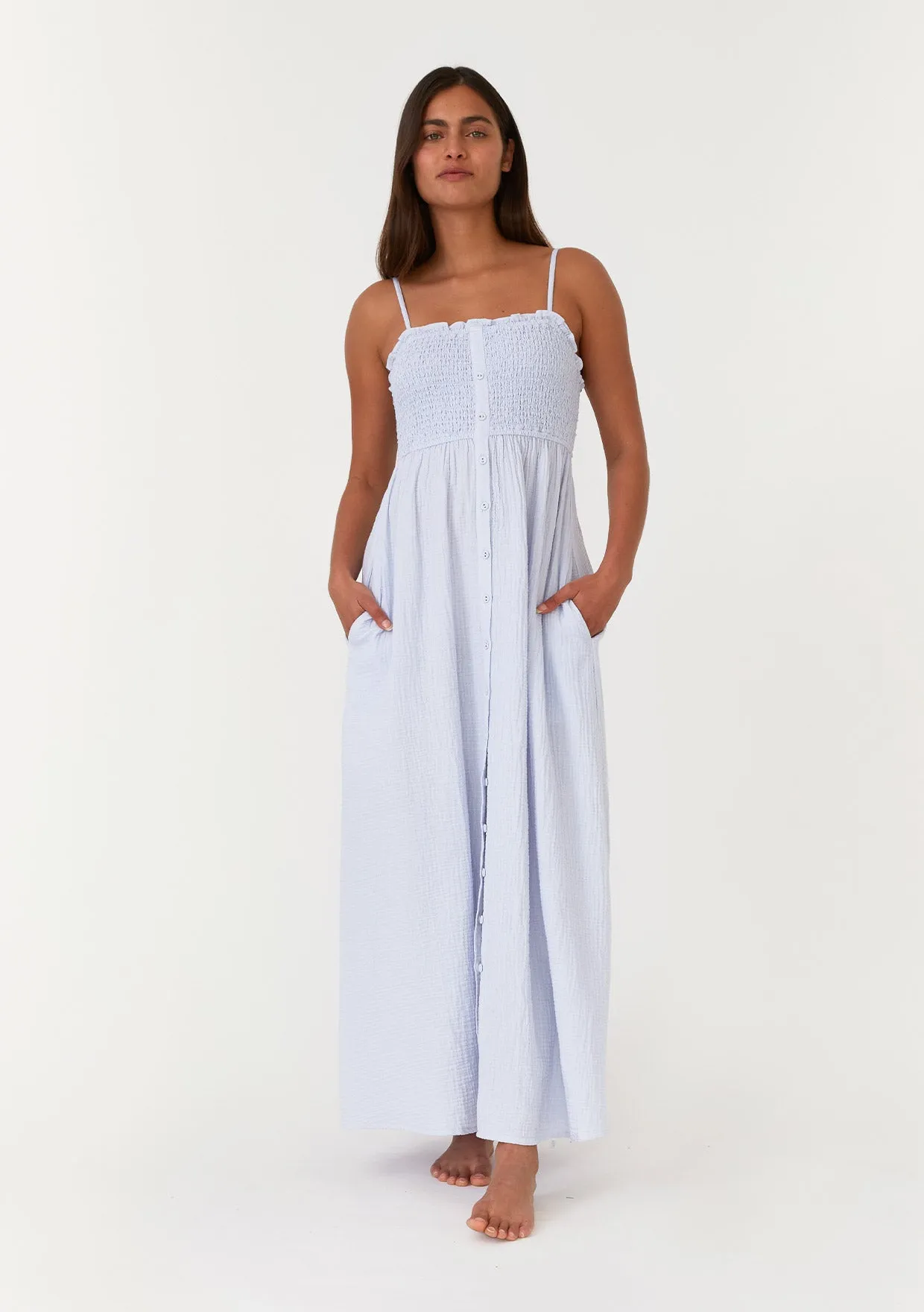 Cotton Button Front Smocked Sleeveless Maxi Dress
