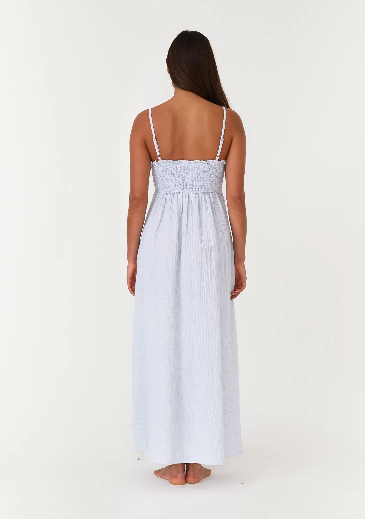 Cotton Button Front Smocked Sleeveless Maxi Dress