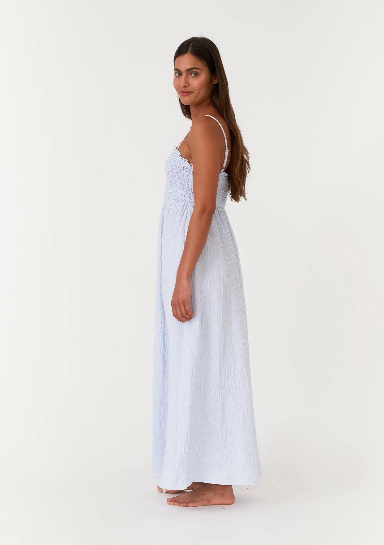 Cotton Button Front Smocked Sleeveless Maxi Dress