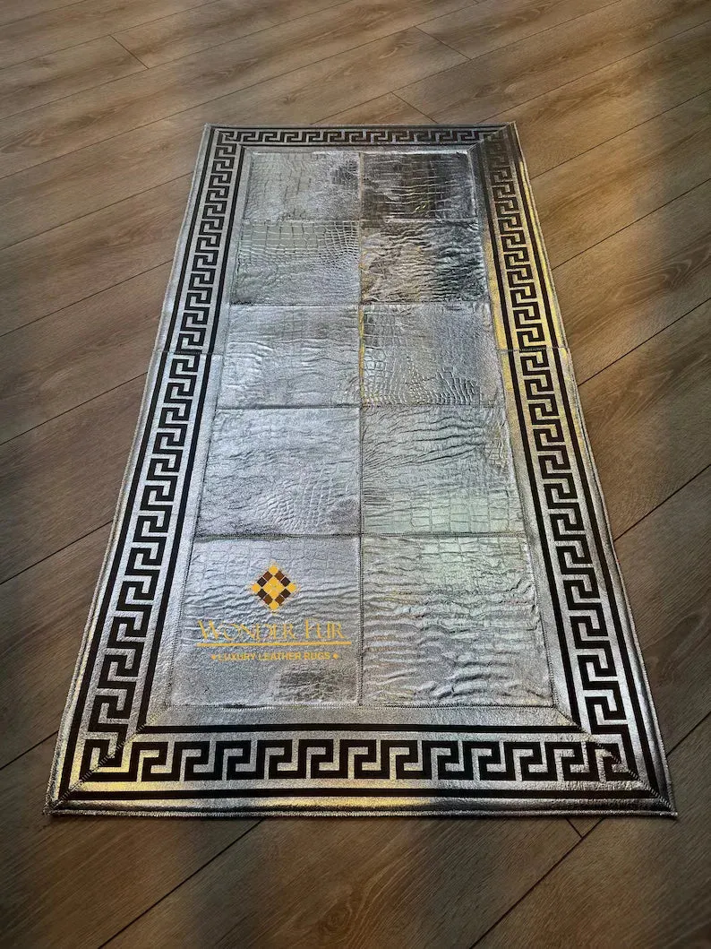Cowhide Area Rug, Greek Key Pattern Natural Handmade Cowhide Patchwork Rug, Unique Silver Rug