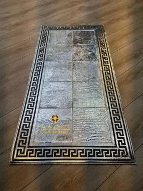 Cowhide Area Rug, Greek Key Pattern Natural Handmade Cowhide Patchwork Rug, Unique Silver Rug