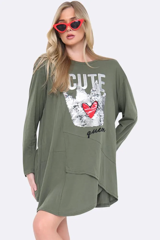 Cute Queen Sequin Motif Tunic