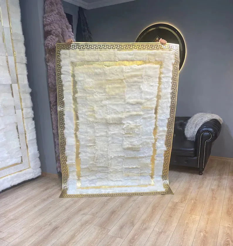 Elegant White Gold Natural Sheepskin Area Rug, Handmade 6x8 Rug