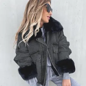 Elina Faux Fox Fur Collar Jackets Women Fashion Winter Denim Coats Women Elegant Big Pockets Short Jackets Female Ladies JM