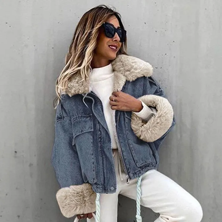 Elina Faux Fox Fur Collar Jackets Women Fashion Winter Denim Coats Women Elegant Big Pockets Short Jackets Female Ladies JM
