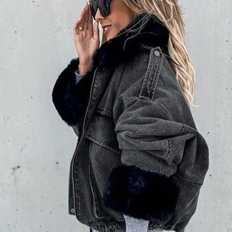 Elina Faux Fox Fur Collar Jackets Women Fashion Winter Denim Coats Women Elegant Big Pockets Short Jackets Female Ladies JM