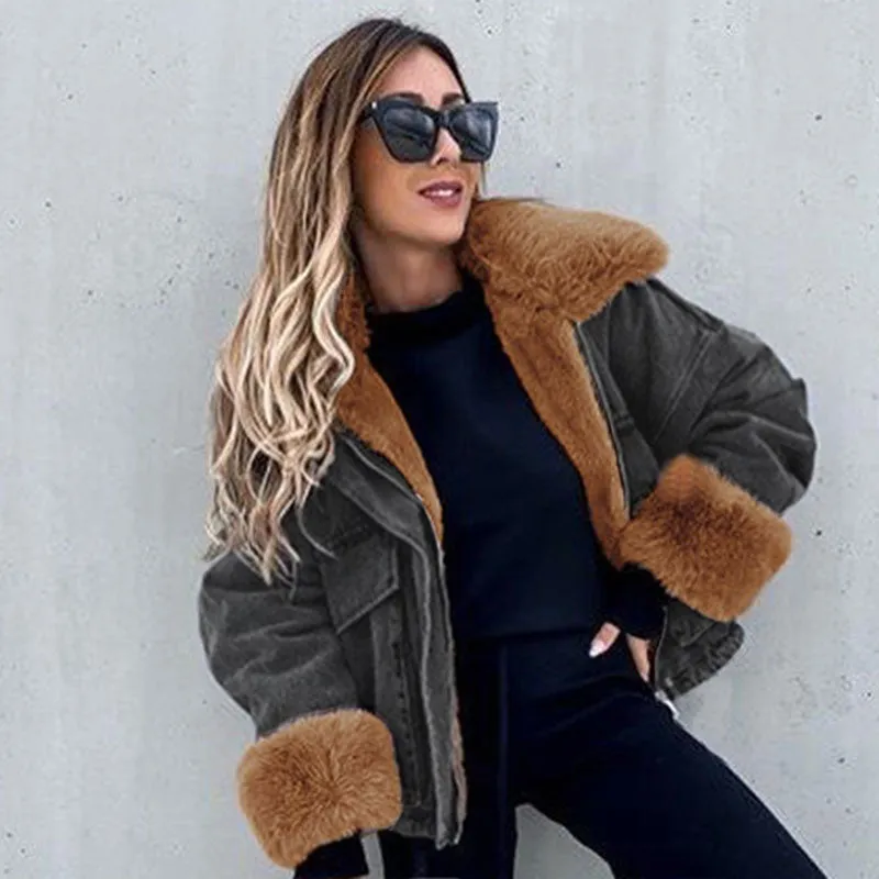 Elina Faux Fox Fur Collar Jackets Women Fashion Winter Denim Coats Women Elegant Big Pockets Short Jackets Female Ladies JM
