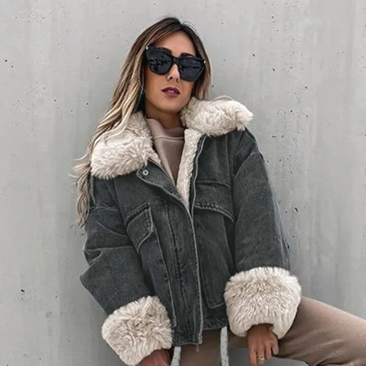 Elina Faux Fox Fur Collar Jackets Women Fashion Winter Denim Coats Women Elegant Big Pockets Short Jackets Female Ladies JM