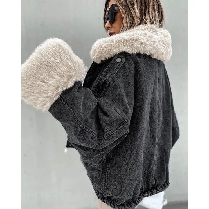 Elina Faux Fox Fur Collar Jackets Women Fashion Winter Denim Coats Women Elegant Big Pockets Short Jackets Female Ladies JM