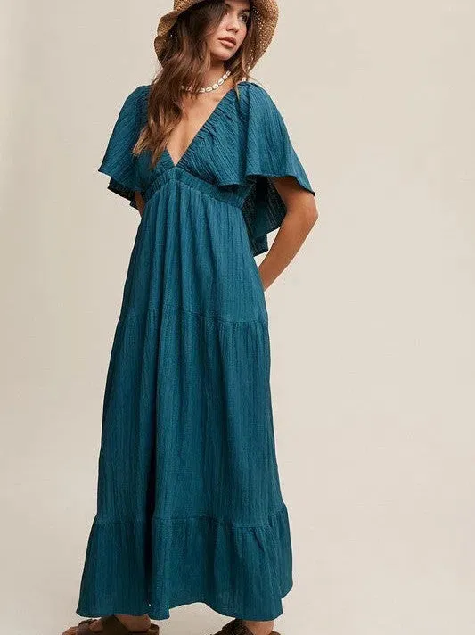 Fashion is an Attitude V-Neck Ruffle Sleeve Flowy Maxi Dress