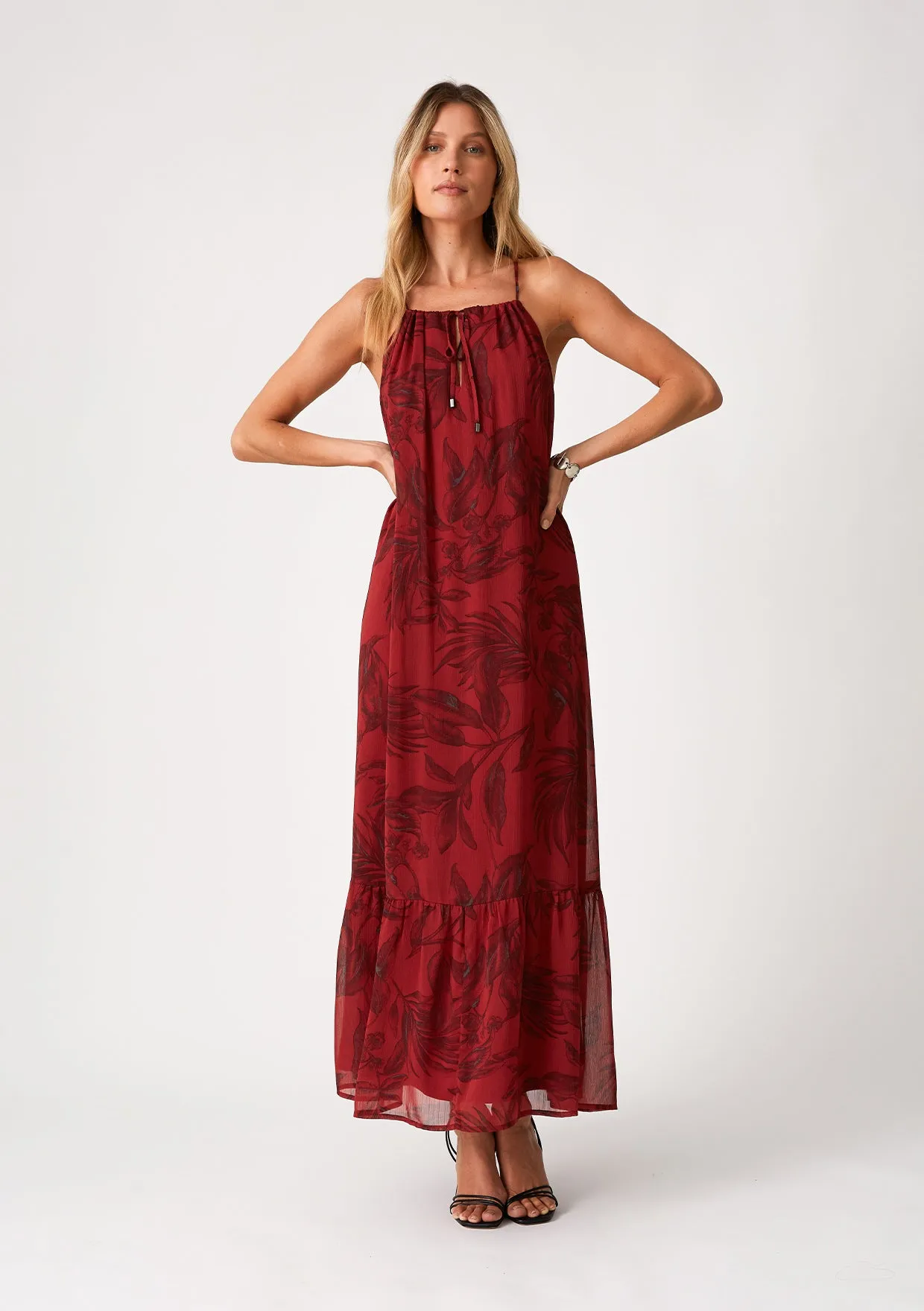 Flowy Floral Tie Front Halter Maxi Dress