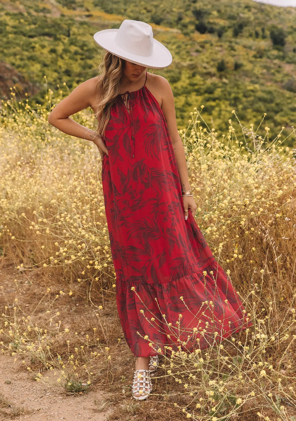 Flowy Floral Tie Front Halter Maxi Dress
