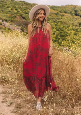 Flowy Floral Tie Front Halter Maxi Dress