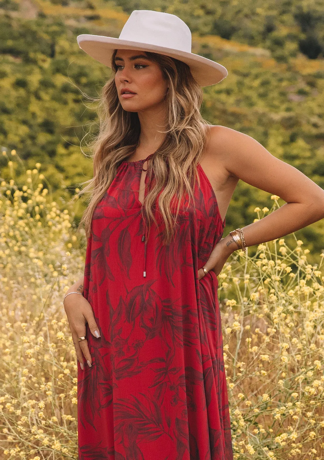Flowy Floral Tie Front Halter Maxi Dress