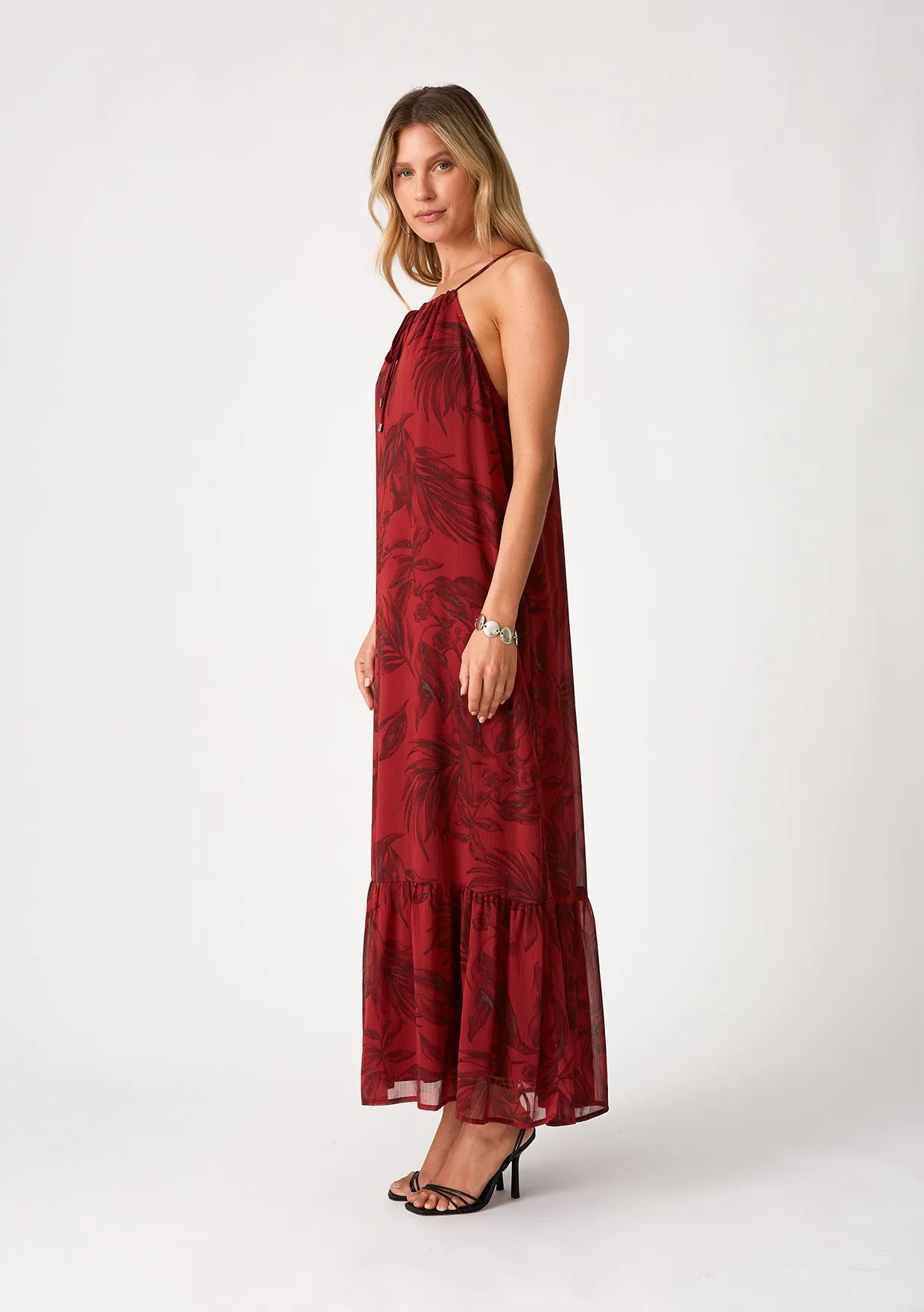 Flowy Floral Tie Front Halter Maxi Dress