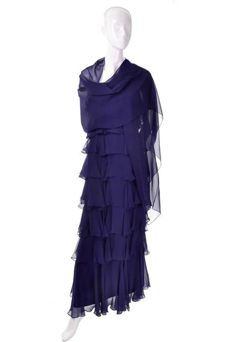 Fred Perlberg Originals Blue Silk Chiffon Ruffled Tiered Vintage Dress W Shawl