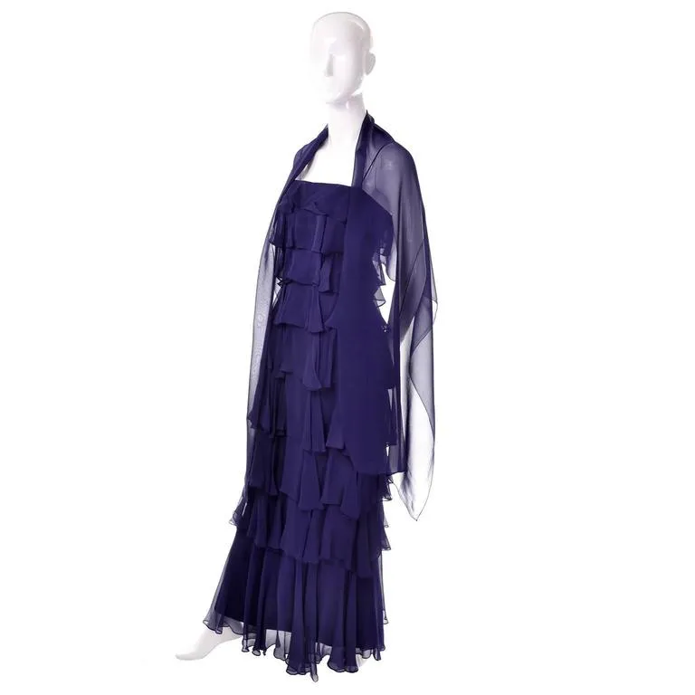 Fred Perlberg Originals Blue Silk Chiffon Ruffled Tiered Vintage Dress W Shawl