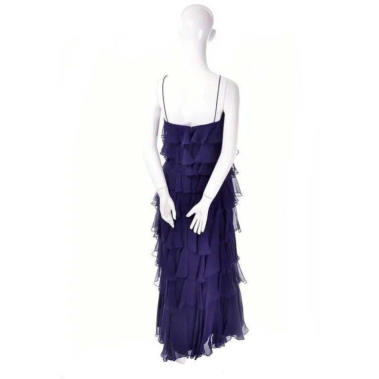 Fred Perlberg Originals Blue Silk Chiffon Ruffled Tiered Vintage Dress W Shawl