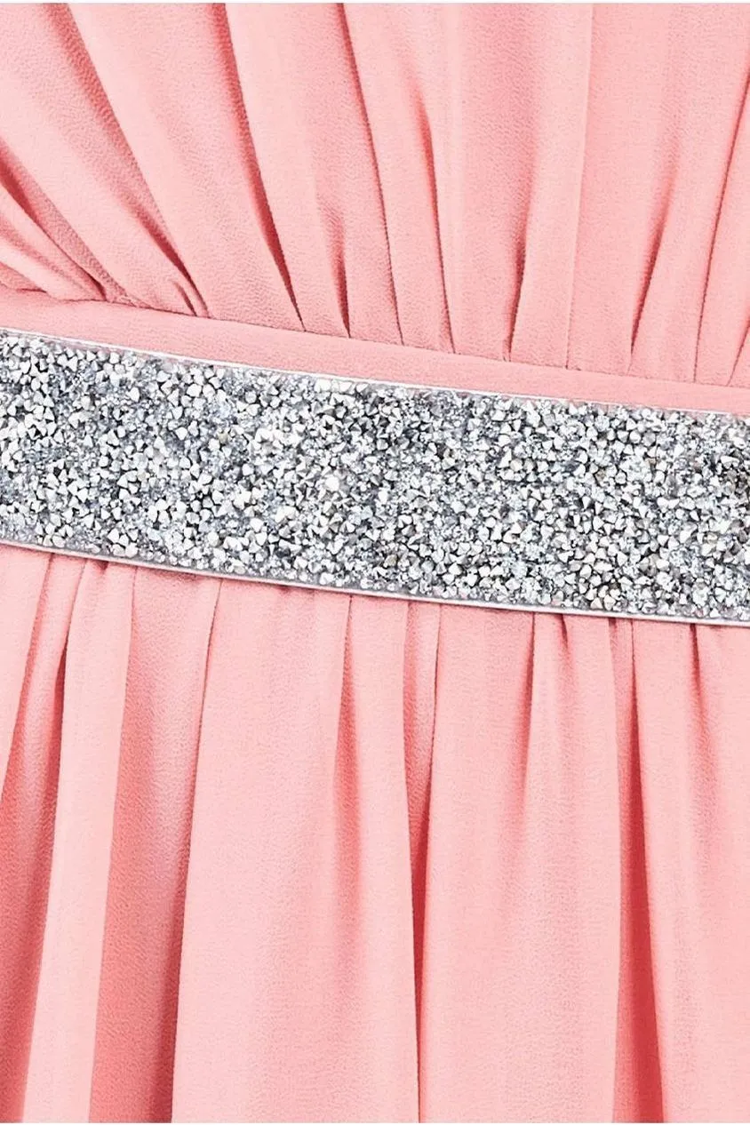 Goddiva Chiffon Maxi With Embellished Belt - Peach