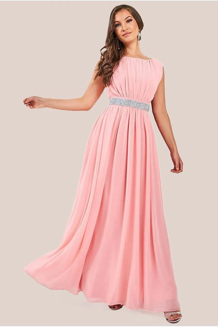 Goddiva Chiffon Maxi With Embellished Belt - Peach