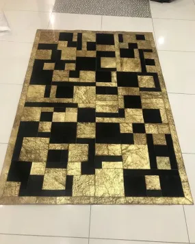 Gold Black 100% Genuine Leather Area Rug, Handmade Gold and Black Cowhide Living Room Rug