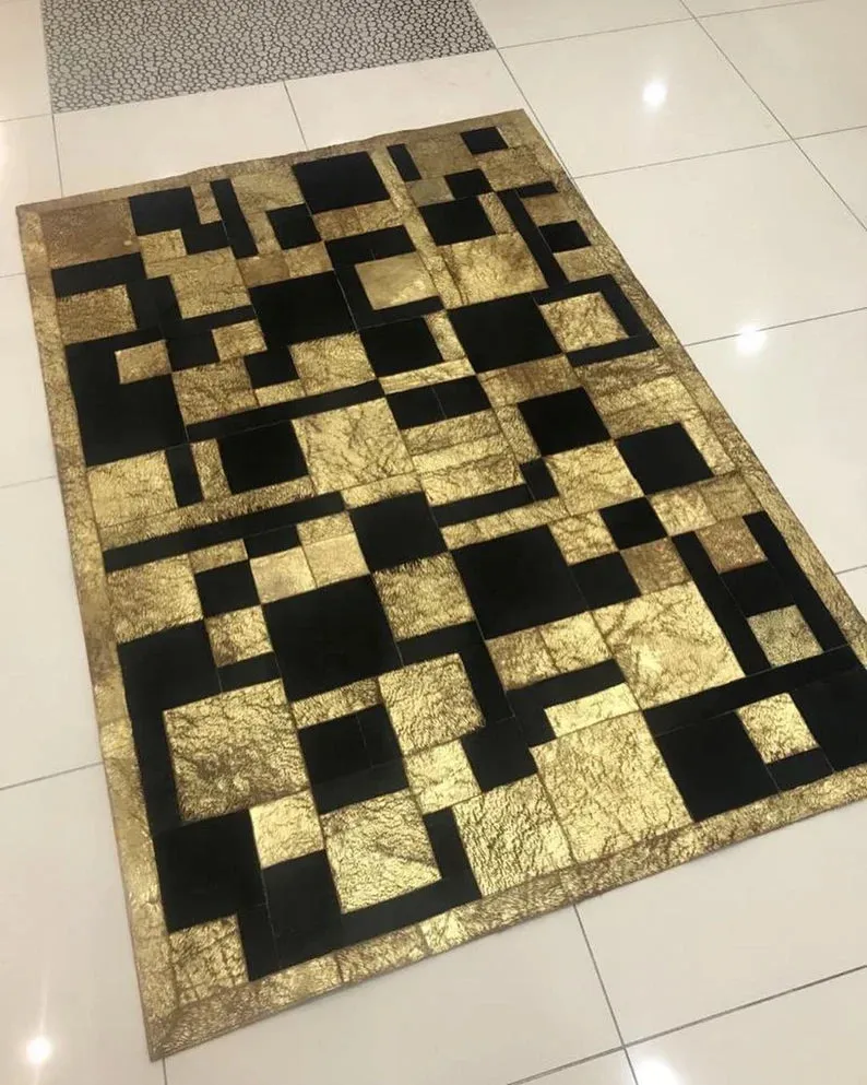 Gold Black 100% Genuine Leather Area Rug, Handmade Gold and Black Cowhide Living Room Rug