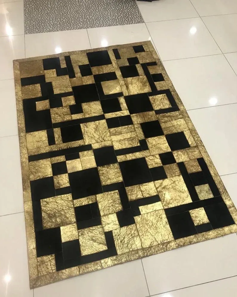 Gold Black 100% Genuine Leather Area Rug, Handmade Gold and Black Cowhide Living Room Rug