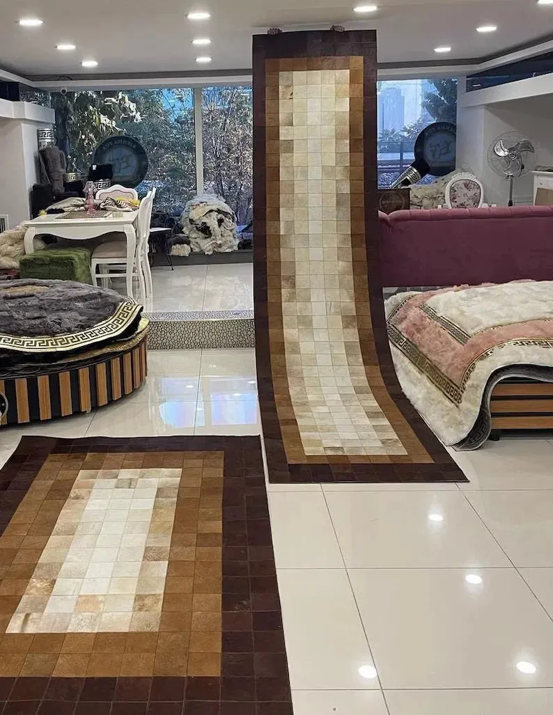 Handmade 100% Genuine Cowhide Area Rug, Brown Patchwork Rug for Living Room
