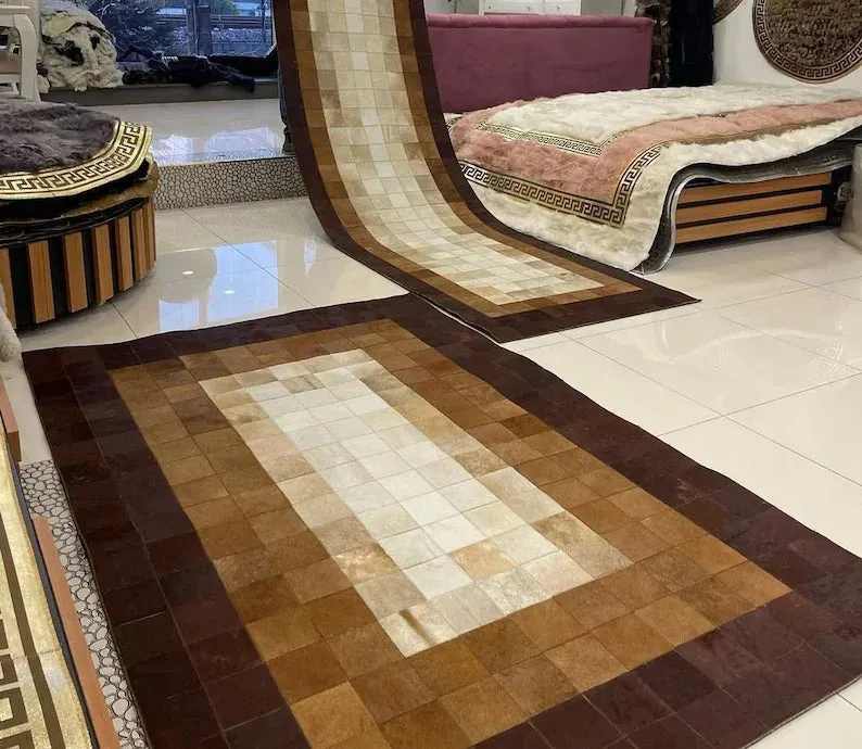 Handmade 100% Genuine Cowhide Area Rug, Brown Patchwork Rug for Living Room