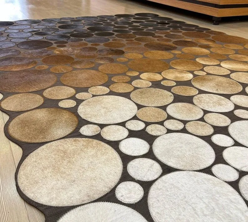 Handmade 100% Genuine Cowhide Patchwork Rug, Natural Cow Leather Tricolor Area Rug
