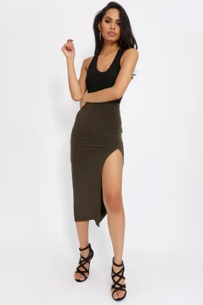 Khaki Midi Skirt With Side Split