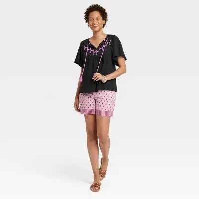 Knox Rose Women's Keyhole Drawstring Flutter Sleeve Top Short Aztec Embroidery