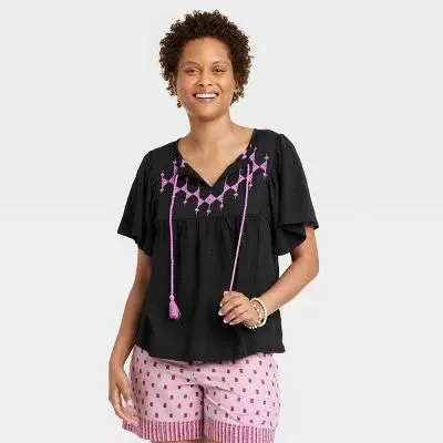 Knox Rose Women's Keyhole Drawstring Flutter Sleeve Top Short Aztec Embroidery