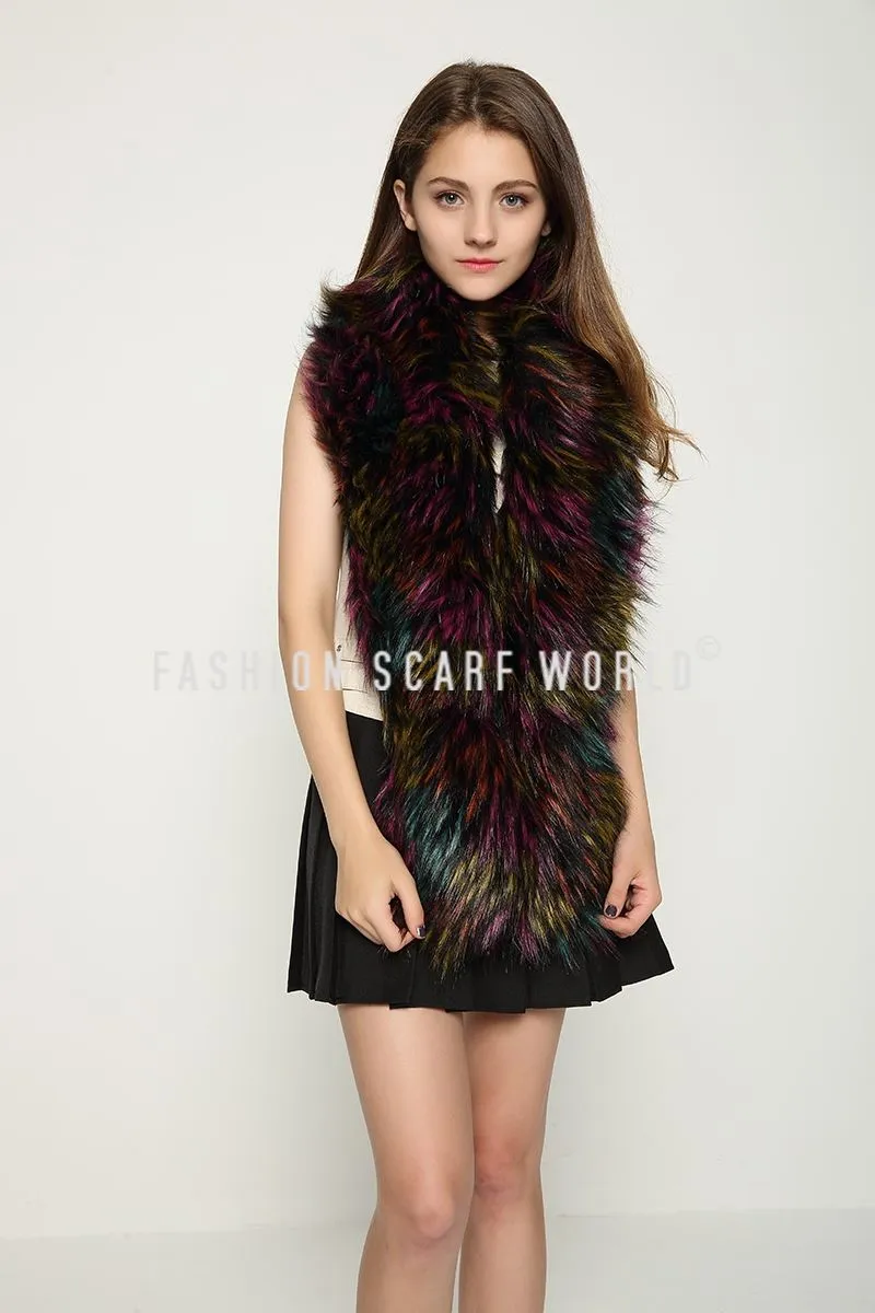 Long Multi Colour Faux Fur Collar - Black/Purple/Blue