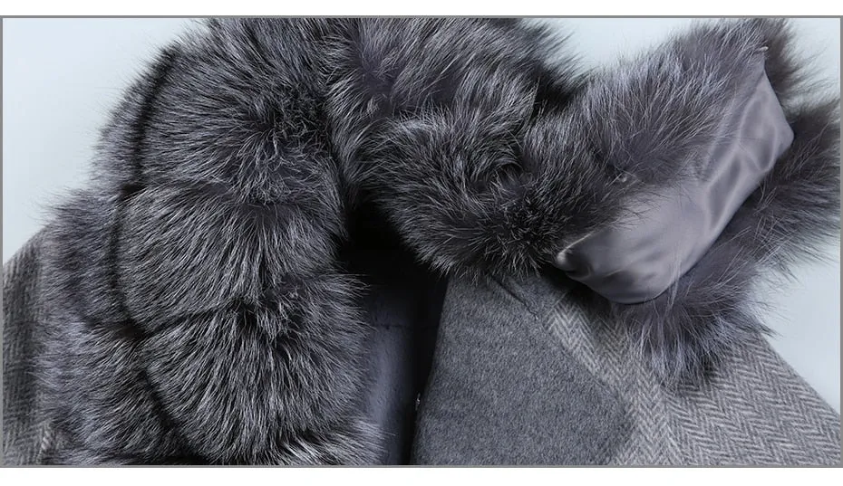 Luxury Cashmere with Large Fox Fur Collar Wool Blend Winter Real Fur Coat