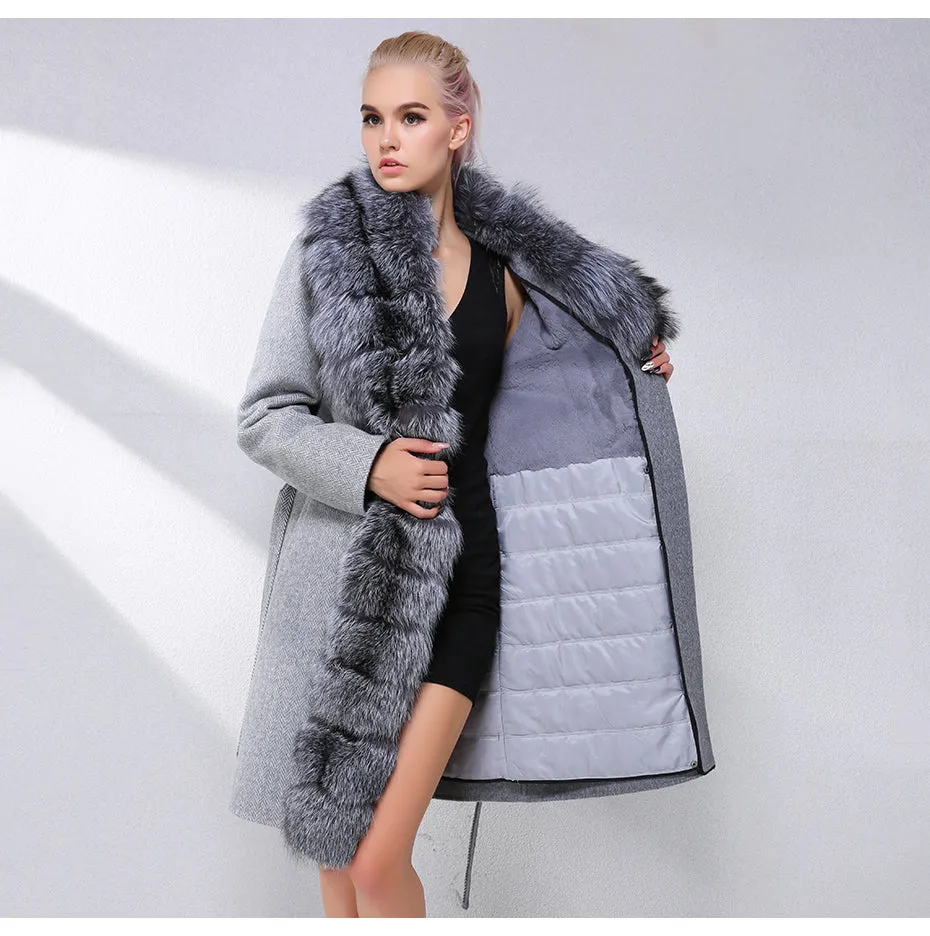 Luxury Cashmere with Large Fox Fur Collar Wool Blend Winter Real Fur Coat